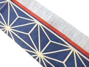 綿紬　縞に麻の葉模様織り出し　全通袋帯